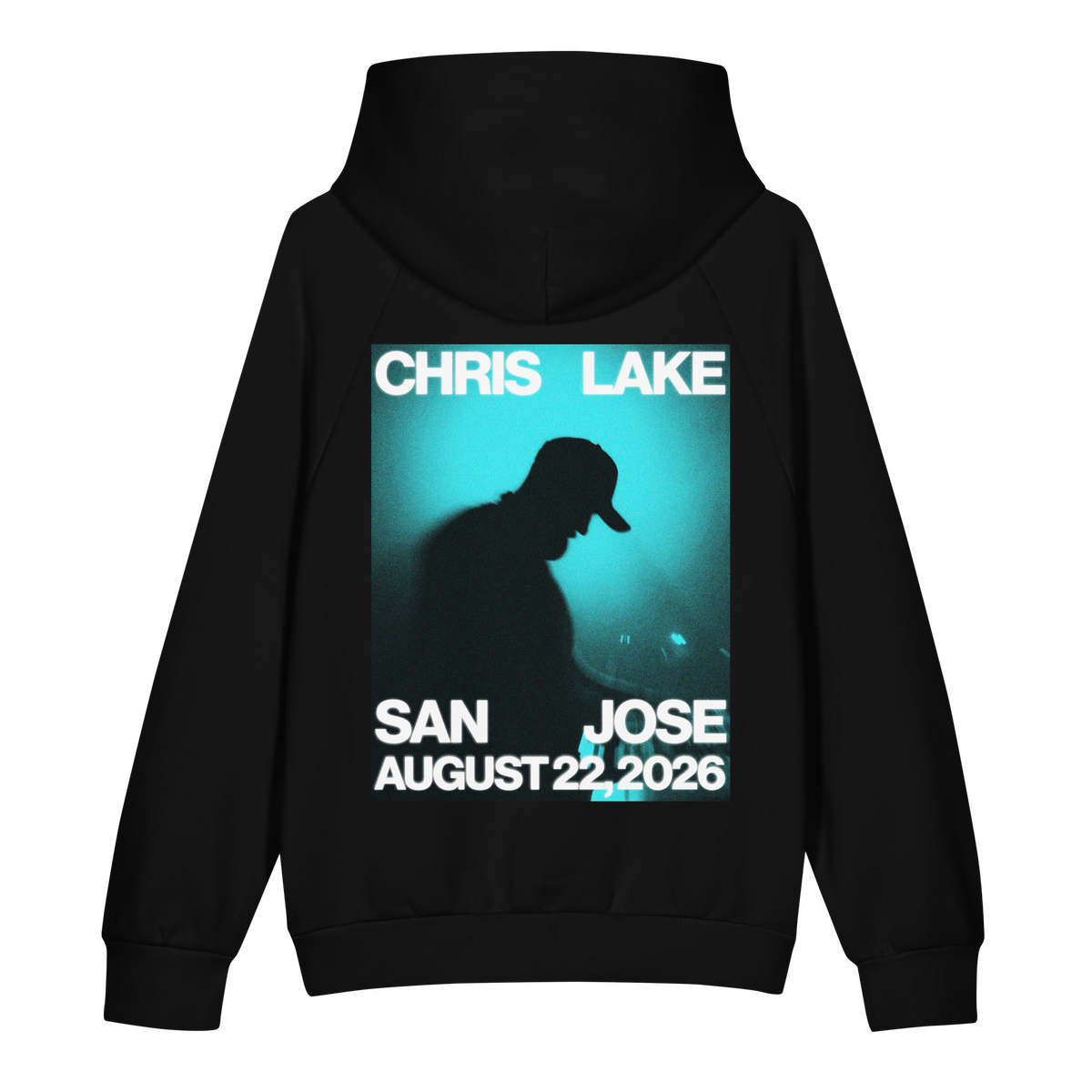 Back of black Chris Lake San Jose 2026 pullover hoodie with teal event graphic