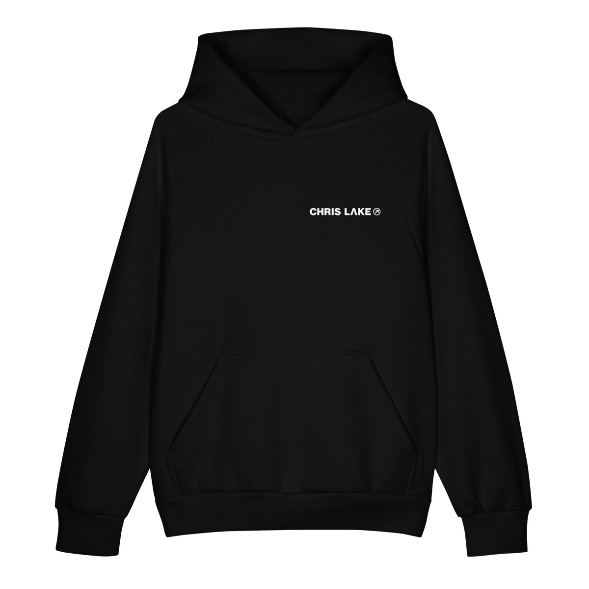 Front of black Chris Lake San Jose 2026 pullover hoodie with white chest logo