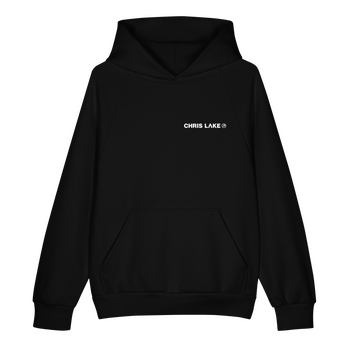 Front of black Chris Lake San Jose 2026 pullover hoodie with white chest logo