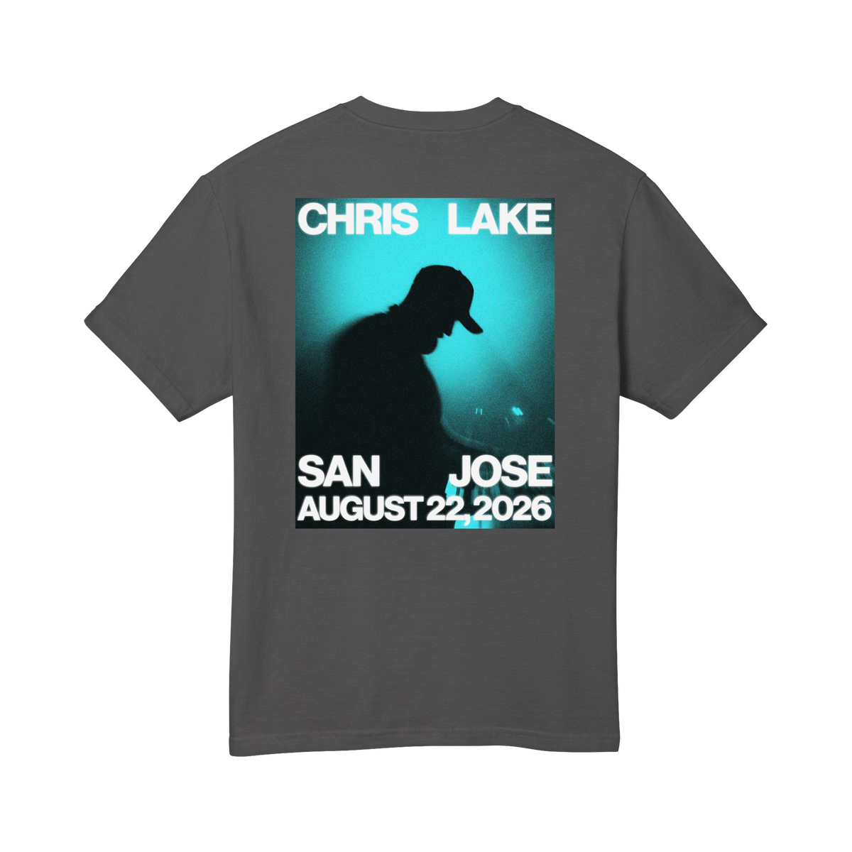Back of vintage black Chris Lake San Jose 2026 T-shirt with teal event graphic