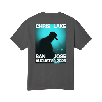 Back of vintage black Chris Lake San Jose 2026 T-shirt with teal event graphic