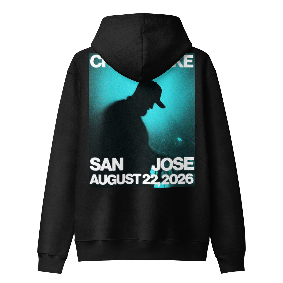 Back of black Chris Lake San Jose 2026 zip hoodie with teal event graphic