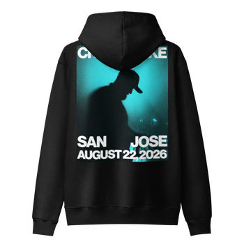 Back of black Chris Lake San Jose 2026 zip hoodie with teal event graphic