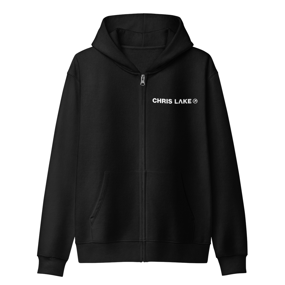 Back of black Chris Lake San Jose 2026 zip hoodie with teal event graphic