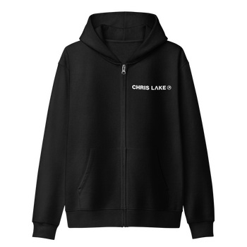 Front of black Chris Lake San Jose 2026 zip hoodie with white chest logo