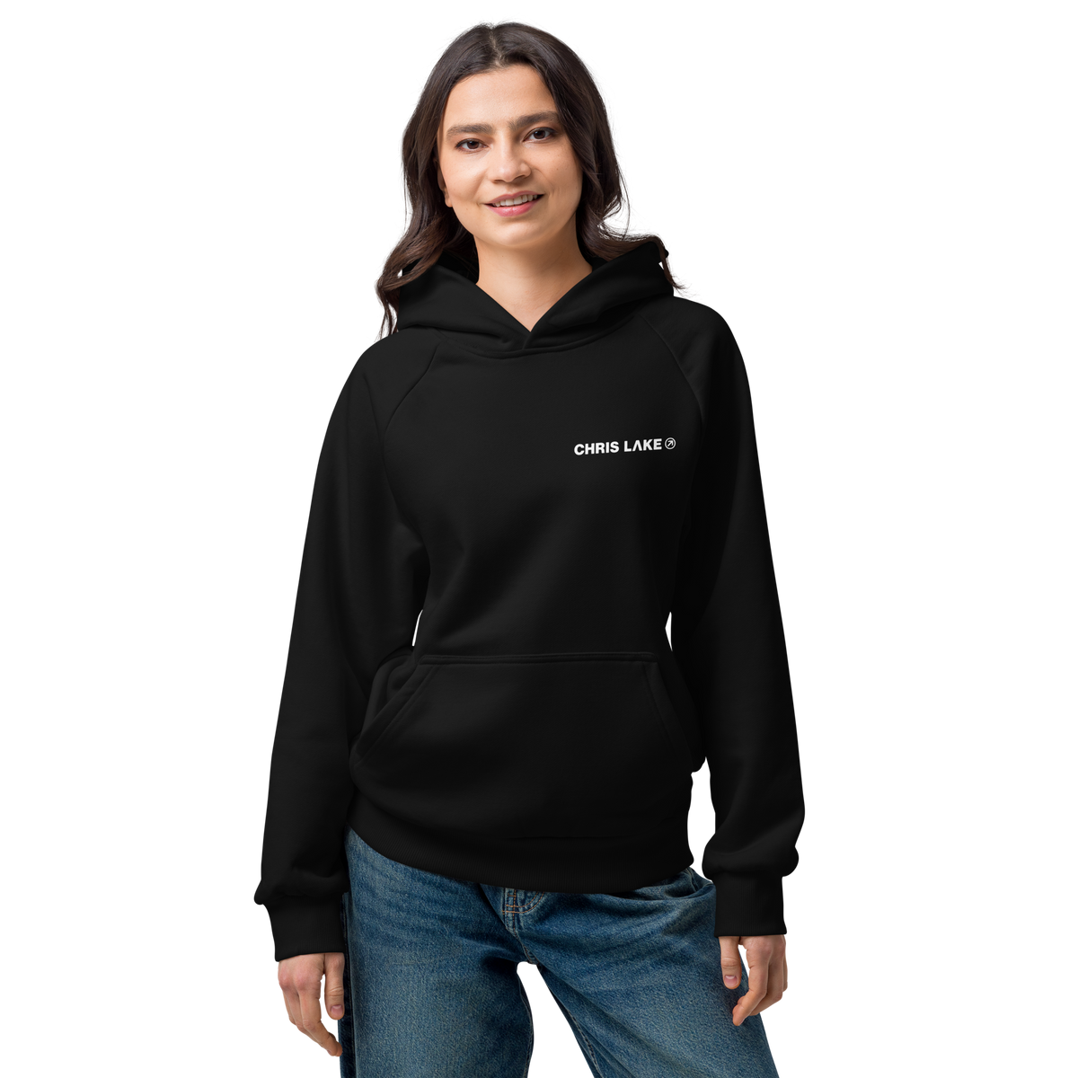 Back of black Chris Lake San Jose 2026 pullover hoodie with teal event graphic